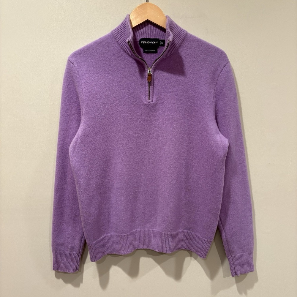 Vtg Polo Ralph Lauren Golf 100% Cashmere Quarter Zip Sweater Lavender Sz Large